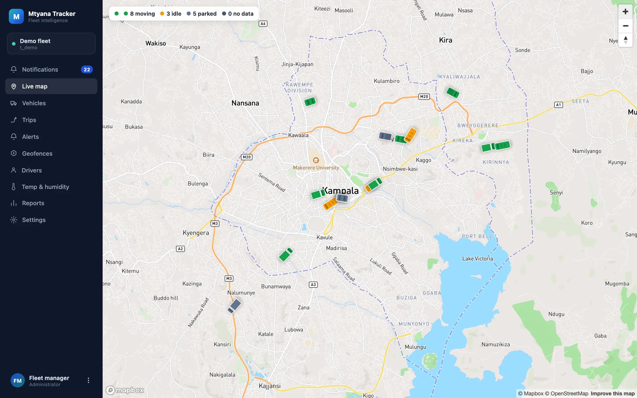 Mtyana Tracker's live map, showing the demo fleet across Kampala