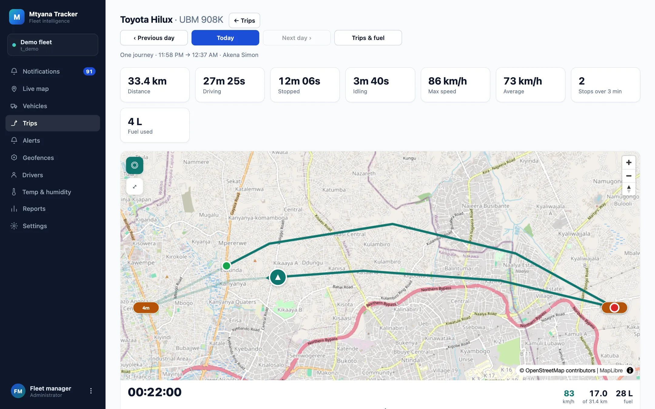 A day's journey replay for one vehicle, with the stops it made